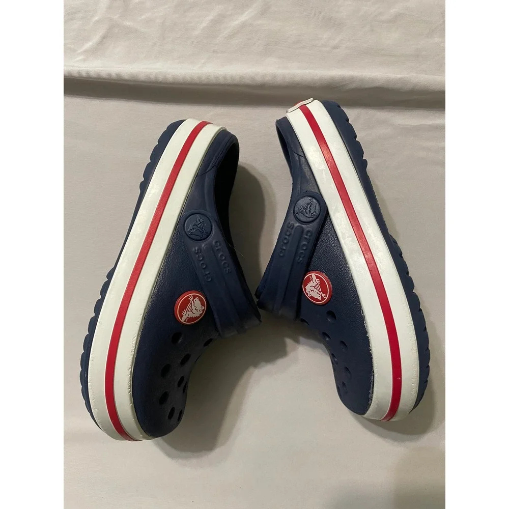 Crocs Clogs Kids Size 8-9 Navy Blue Crocband Sporty Racing Stripe Slip On Shoes